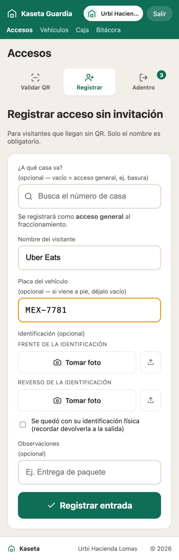 Registro de acceso sin QR desde el celular en la caseta